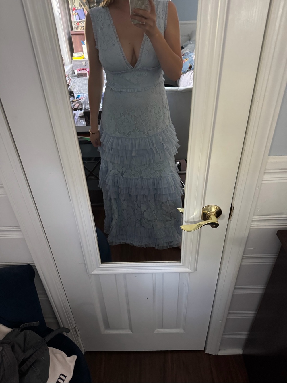 Mac Duggal Light Blue Lace Tiered Maxi Dress with Deep V-Neck